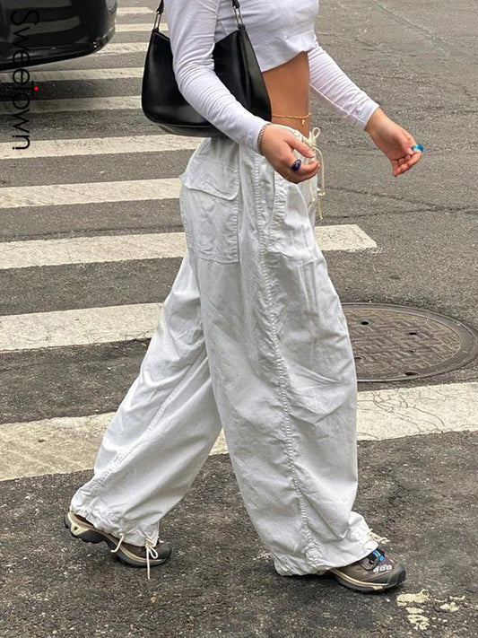 Sweetown Casual Baggy Wijde Been Sweatpants Weiß Slange Kordelzug Niedrige Taille Streetwear Cargo Hosen Womens Hippie Joggers Hosen